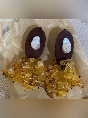 Statement Amber Bead Drop Earrings with Pearl Accent